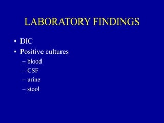 LABORATORY FINDINGS
• DIC
• Positive cultures
– blood
– CSF
– urine
– stool
 