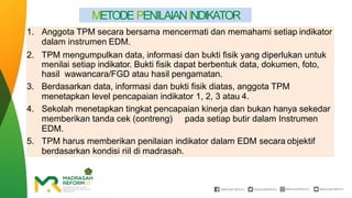 METODE PENILAIANINDIKATOR
1. Anggota TPM secara bersama mencermati dan memahami setiap indikator
dalam instrumen EDM.
2. TPM mengumpulkan data, informasi dan bukti fisik yang diperlukan untuk
menilai setiap indikator. Bukti fisik dapat berbentuk data, dokumen, foto,
hasil wawancara/FGD atau hasil pengamatan.
3. Berdasarkan data, informasi dan bukti fisik diatas, anggota TPM
menetapkan level pencapaian indikator 1, 2, 3 atau 4.
4. Sekolah menetapkan tingkat pencapaian kinerja dan bukan hanya sekedar
memberikan tanda cek (contreng) pada setiap butir dalam Instrumen
EDM.
5. TPM harus memberikan penilaian indikator dalam EDM secara objektif
berdasarkan kondisi riil di madrasah.
 