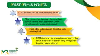 PRINSIPPENYUSUNANEDM
• EDM dilakukan secara rutin setiap tahun.
• EDM disusun berdasarkan data dan fakta
objektif karena akan digunakan untuk
perbaikan mutu madrasah itu sendiri.
• Hasil EDM terbuka untuk diketahui oleh
semua pihak.
 EDM dilakukan secara online atau semi online
untuk madrasah di daerah yang mengalami
kesulitan akses internet.
 