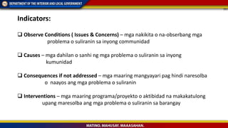  Observe Conditions ( Issues & Concerns) – mga nakikita o na-obserbang mga
problema o suliranin sa inyong communidad
 Causes – mga dahilan o sanhi ng mga problema o suliranin sa inyong
kumunidad
 Consequences if not addressed – mga maaring mangyayari pag hindi naresolba
o naayos ang mga problema o suliranin
 Interventions – mga maaring programa/proyekto o aktibidad na makakatulong
upang maresolba ang mga problema o suliranin sa barangay
Indicators:
 