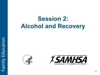 Family
Education
Session 2:
Alcohol and Recovery
2-1
 