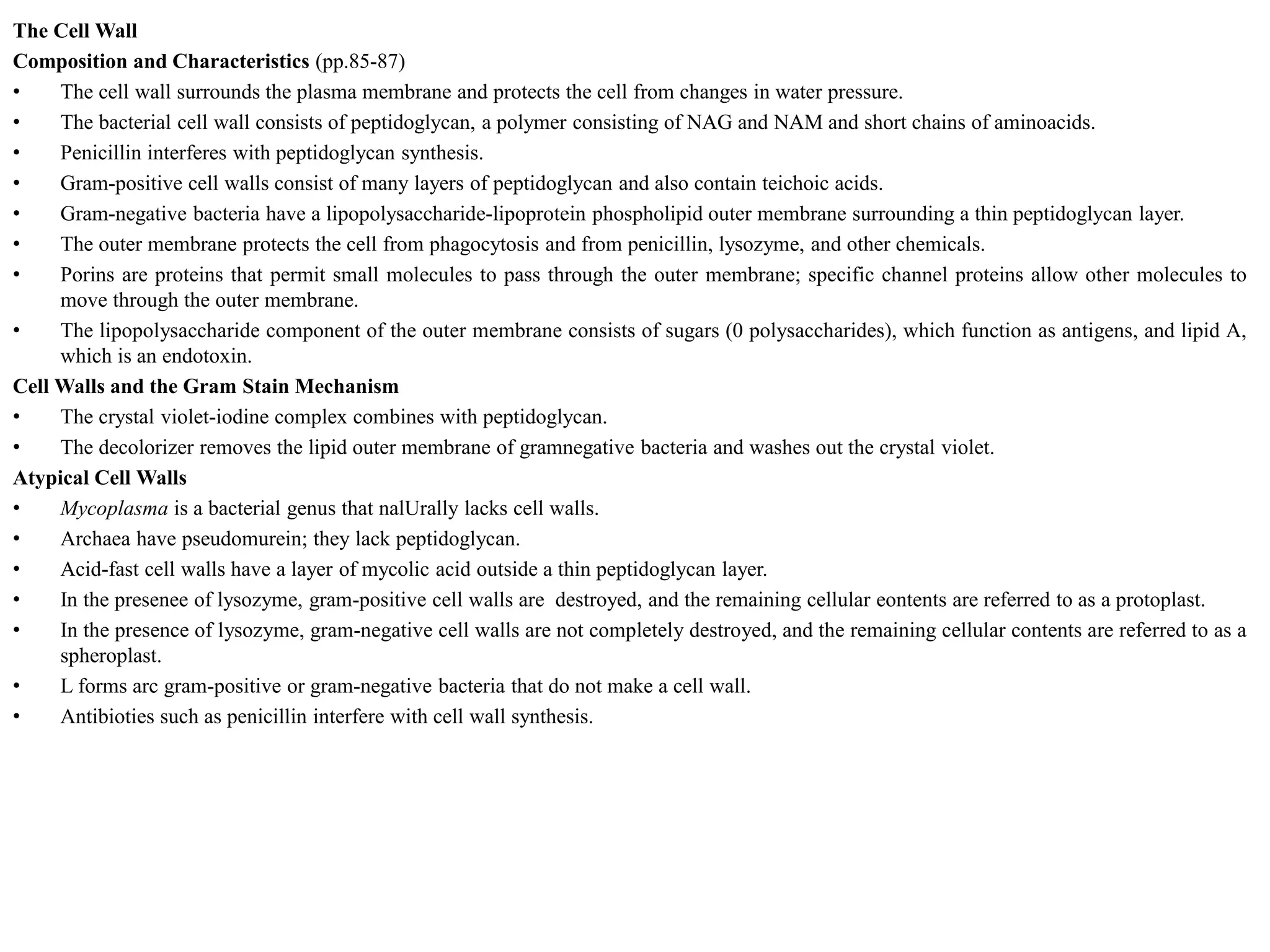 The Cell Wall
Composition and Characteristics (pp.85-87)
• The cell wall surrounds the plasma membrane and protects the cell from changes in water pressure.
• The bacterial cell wall consists of peptidoglycan, a polymer consisting of NAG and NAM and short chains of aminoacids.
• Penicillin interferes with peptidoglycan synthesis.
• Gram-positive cell walls consist of many layers of peptidoglycan and also contain teichoic acids.
• Gram-negative bacteria have a lipopolysaccharide-lipoprotein phospholipid outer membrane surrounding a thin peptidoglycan layer.
• The outer membrane protects the cell from phagocytosis and from penicillin, lysozyme, and other chemicals.
• Porins are proteins that permit small molecules to pass through the outer membrane; specific channel proteins allow other molecules to
move through the outer membrane.
• The lipopolysaccharide component of the outer membrane consists of sugars (0 polysaccharides), which function as antigens, and lipid A,
which is an endotoxin.
Cell Walls and the Gram Stain Mechanism
• The crystal violet-iodine complex combines with peptidoglycan.
• The decolorizer removes the lipid outer membrane of gramnegative bacteria and washes out the crystal violet.
Atypical Cell Walls
• Mycoplasma is a bacterial genus that nalUrally lacks cell walls.
• Archaea have pseudomurein; they lack peptidoglycan.
• Acid-fast cell walls have a layer of mycolic acid outside a thin peptidoglycan layer.
• In the presenee of lysozyme, gram-positive cell walls are destroyed, and the remaining cellular eontents are referred to as a protoplast.
• In the presence of lysozyme, gram-negative cell walls are not completely destroyed, and the remaining cellular contents are referred to as a
spheroplast.
• L forms arc gram-positive or gram-negative bacteria that do not make a cell wall.
• Antibioties such as penicillin interfere with cell wall synthesis.
 