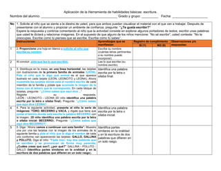 Aplicación de la Herramienta de habilidades básicas: escritura.
Nombre del alumno: _________________________________________ Grado y grupo: _________ Fecha: ___________________
No
.
1. Solicite al niño que se siente a la diestra de usted, para que ambos puedan visualizar el material con el que van a trabajar. Después de
presentarse con el alumno y propiciar un ambiente de confianza, pregunte: “¿Te gusta escribir?”
Espere la respuesta y continúe comentando al niño que la actividad consiste en explorar algunos portadores de textos, escribir unas palabras
que usted le dictará y relacionar imágenes. En el supuesto de que alguno de los niños mencione: “No sé escribir”, usted conteste: “No te
preocupes. Escribe como tú pienses que se escribe. Escribe como tú sabes”.
Instrucciones: Aprendizajes que se
manifiestan
Registro de cumplimiento Observaciones y/o
respuestas:
SI (1) NO (0)
1 2. Proporcione una hoja en blanco y solicite al niño que
escriba su nombre.
Escribe su nombre
(cuántas letras pertinentes
a su nombre puede
incorporar)
2 Al concluir, pida que lea lo que escribió. Lee lo que escribe (su
nombre escrito).
3 3. Distribuya en la mesa, en una línea horizontal, las tarjetas
con ilustraciones de la primera familia de animales (LEÓN).
Pida al niño que le diga qué animal es el que aparece
ilustrado en cada tarjeta (LEÓN, LEONCITO y LEONA). Ahora
muéstrele las tarjetas donde está el nombre escrito de cada
miembro de la familia y pídale que acomode la imagen de la
leona con el letrero que le corresponda. En cada bloque de
tarjetas, pregunte: “¿Cómo sabes que aquí dice…”
Registre su respuesta.
LEÓN - LEONCITO - LEONA (El niño identifica una palabra
escrita por la letra o sílaba final). Pregunte: “¿Cómo sabes
que aquí dice LEONA?
Identifica una palabra
escrita por la letra o
sílaba final.
4 4. Para la siguiente actividad, presente al niño la serie de
imágenes: TORO, BECERRO y VACA, y dígale que tiene que
juntar el letrero donde está escrita la palabra BECERRO con
la imagen. (El niño identifica una palabra escrita por la letra
o sílaba inicial: BECERRO). Pregunte: “¿Cómo sabes que
aquí dice BECERRO?”
Identifica una palabra
escrita por la letra o
sílaba inicial.
5 5. Diga: “Ahora vamos a continuar con esta familia”. Muestre
una por una las tarjetas con la imagen de los animales de la
siguiente familia y pida al niño que le diga el nombre de cada
uno conforme van apareciendo las tarjetas: GALLO, GALLINA
y POLLITO. Diga al niño: “Fíjate bien: hay dos palabras que
se escriben y se pronuncian de forma muy parecida.
¿Cuáles crees que son?, ¿por qué?” GALLINA - POLLITO -
GALLO (Identifica partes similares en la oralidad y en la
escritura de dos palabras que difieren en un solo rasgo).
Identifica partes
similares en la oralidad
y en la escritura de dos
palabras que difieren en
un solo rasgo.
 