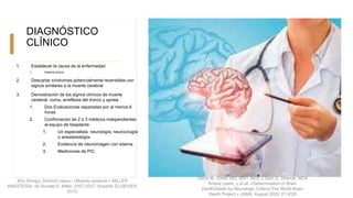 DIAGNÓSTICO
CLÍNICO
1. Establecer la causa de la enfermedad
1. Historia clinica
2. Descartar síndromes potencialmente reversibles con
signos similares a la muerte cerebral
3. Demostración de los signos clínicos de muerte
cerebral: coma, arreflexia del tronco y apnea
1. Dos Evaluaciones separadas por al menos 6
horas
2. Confirmación de 2 o 3 médicos independientes
al equipo de trasplante
1. Un especialista: neurología, neurocirugía
o anestesiología
2. Evidencia de neuroimagen con edema
3. Mediciones de PIC
Kho Shingu, Shinichi nakao. «Muerte cerebral.» MILLER
ANESTESIA, de Ronald D. Miller, 2307-2327. España: ELSEVIER,
2015.
David M. Greer, MD, MA1, MD2,3 Sam D. Shemie, MD4
Ariane Lewis, y et al. «Determination of Brain
Death/Death by Neurologic Criteria The World Brain
Death Project.» JAMA, August 2020: E1-E20
 