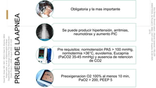Obligatoria y la mas importante
Se puede producir hipertensión, arritmias,
neumotórax y aumento PIC
Pre requisitos: normotensión PAS > 100 mmHg,
normotermia >36°C, euvolemia, Eucapnia
(PaCO2 35-45 mmHg) y ausencia de retencion
de CO2
Preoxigenacion O2 100% al menos 10 min,
PaO2 > 200, PEEP 5
PRUEBA
DE
LA
APNEA
Kho
Shingu,
Shinichi
nakao.
«Muerte
cerebral.»
MILLER
ANESTESIA,
de
Ronald
D.
Miller,
2307-2327.
España:
ELSEVIER,
2015.
David
M.
Greer,
MD,
MA1,
MD2,3
Sam
D.
Shemie,
MD4
Ariane
Lewis,
y
et
al.
«Determination
of
Brain
Death/Death
by
Neurologic
Criteria
The
World
Brain
Death
Project.»
JAMA,
August
2020:
E1-E20
 