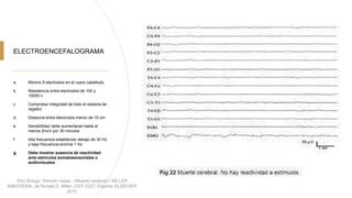 ELECTROENCEFALOGRAMA
a. Mínimo 8 electrodos en el cuero cabelludo
b. Resistencia entre electrodos de 100 y
10000 n
c. Comprobar integridad de todo el sistema de
registro
d. Distancia entre electrodos menor de 10 cm
e. Sensibilidad debe aumentarse hasta al
menos 2mcV por 30 minutos
f. Alta frecuencia establecido debajo de 30 Hz
y baja frecuencia encima 1 Hz.
g. Debe mostrar ausencia de reactividad
ante estímulos somatosensoriales o
audiovisuales
Kho Shingu, Shinichi nakao. «Muerte cerebral.» MILLER
ANESTESIA, de Ronald D. Miller, 2307-2327. España: ELSEVIER,
2015.
 