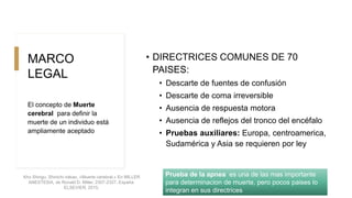 MARCO
LEGAL
• DIRECTRICES COMUNES DE 70
PAISES:
• Descarte de fuentes de confusión
• Descarte de coma irreversible
• Ausencia de respuesta motora
• Ausencia de reflejos del tronco del encéfalo
• Pruebas auxiliares: Europa, centroamerica,
Sudamérica y Asia se requieren por ley
El concepto de Muerte
cerebral para definir la
muerte de un individuo está
ampliamente aceptado
Prueba de la apnea es una de las mas importante
para determinacion de muerte, pero pocos paises lo
integran en sus directrices
Kho Shingu, Shinichi nakao. «Muerte cerebral.» En MILLER
ANESTESIA, de Ronald D. Miller, 2307-2327. España:
ELSEVIER, 2015.
 