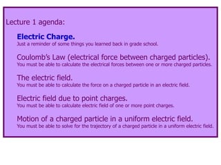 Lecture 1 agenda:
Electric Charge.
Just a reminder of some things you learned back in grade school.
Coulomb’s Law (electrical force between charged particles).
You must be able to calculate the electrical forces between one or more charged particles.
The electric field.
You must be able to calculate the force on a charged particle in an electric field.
Electric field due to point charges.
You must be able to calculate electric field of one or more point charges.
Motion of a charged particle in a uniform electric field.
You must be able to solve for the trajectory of a charged particle in a uniform electric field.
 