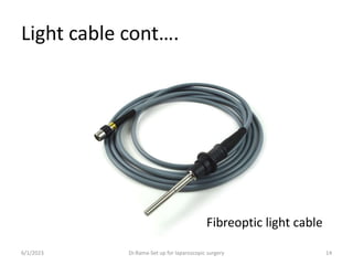 Light cable cont….
6/1/2023 Dr.Rama-Set up for laparoscopic surgery 14
Fibreoptic cable
Fibreoptic light cable
 