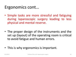 Ergonomics cont…
• Simple tasks are more stressful and fatiguing
during laparoscopic surgery leading to less
physical and mental reserve.
• The proper design of the instruments and the
set up (layout) of the operating room is critical
to avoid fatigue and human errors.
• This is why ergonomics is important.
6/1/2023 Dr.Rama-Set up for laparoscopic surgery 61
 