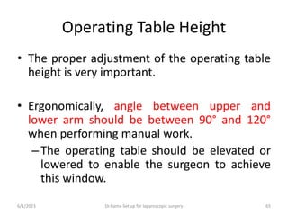 Operating Table Height
• The proper adjustment of the operating table
height is very important.
• Ergonomically, angle between upper and
lower arm should be between 90° and 120°
when performing manual work.
–The operating table should be elevated or
lowered to enable the surgeon to achieve
this window.
6/1/2023 Dr.Rama-Set up for laparoscopic surgery 65
 