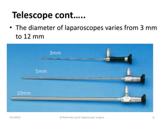 Telescope cont…..
• The diameter of laparoscopes varies from 3 mm
to 12 mm
6/1/2023 Dr.Rama-Set up for laparoscopic surgery 8
3mm
5mm
10mm
 