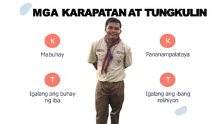MGA KARAPATANAT TUNGKULIN
K
Mabuhay
T
Igalang ang ibang
relihiyon
T
Igalang ang buhay
ng iba
K
Pananampalataya
 