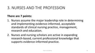 3. NURSES AND THE PROFESSION
There are 7 points:
1. Nurses assume the major leadership role in determining
and implementing evidence-informed, acceptable
standards of clinical nursing practice, management,
research and education.
2. Nurses and nursing scholars are active in expanding
research-based, current professional knowledge that
supports evidence-informed practice.
Prof. Dr. RS Mehta 20
 