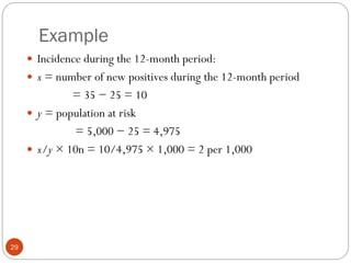 Example
29
 Incidence during the 12-month period:
 x = number of new positives during the 12-month period
= 35 − 25 = 10
 y = population at risk
= 5,000 − 25 = 4,975
 x/y × 10n = 10/4,975 × 1,000 = 2 per 1,000
 