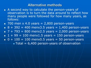 Alternative methods
 A second way to calculate the person-years of
observation is to turn the data around to reflect how
many people were followed for how many years, as
follows:
 700 men x 4.0 years = 2,800 person-years
 8 + 392 = 400 menx3.5 years = 1,400 person-years
 7 + 793 = 800 menx2.5 years = 2,000 person-years
 1 + 99 = 100 menx1.5 years = 150 person-years
 0 + 100 = 100 menx0.5 years = 50 person-years
 Total = 6,400 person-years of observation
 