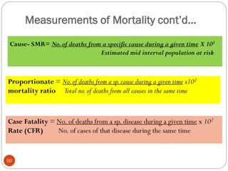 Measurements of Mortality cont’d…
Cause- SMR= No.of deaths from a specific cause during a given time X 103
Estimated mid interval population at risk
Proportionate = No.of deaths from a sp.cause during a given time x102
mortality ratio Total no.of deaths from all causes in the same time
Case Fatality = No. of deaths from a sp. disease during a given time x 102
Rate (CFR) No. of cases of that disease during the same time
50
 