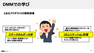 © DMM
DMMでの学び
13
とあるプロダクトXの開発現場
ステークホルダーが多すぎて
物事が前に進まない
リリース直前に経営陣からの
意向で急遽仕様変更
健全な情報連携ができてなく 他
部署と対立してしまう
リスクや課題が判明する
タイミングが遅くなる
ステークホルダー分析 コミュニケーション計画
 