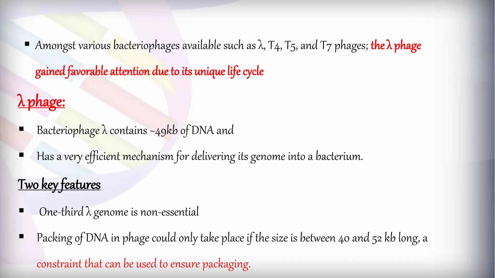  Amongst various bacteriophages available such as λ, T4, T5, and T7 phages; the λ phage
gained favorable attentiondue to its unique life cycle
λ phage:
 Bacteriophage λ contains ~49kb of DNA and
 Has a very efficient mechanism for delivering its genome into a bacterium.
Two key features
 One-third λ genome is non-essential
 Packing of DNA in phage could only take place if the size is between 40 and 52 kb long, a
constraint that can be used to ensure packaging.
 