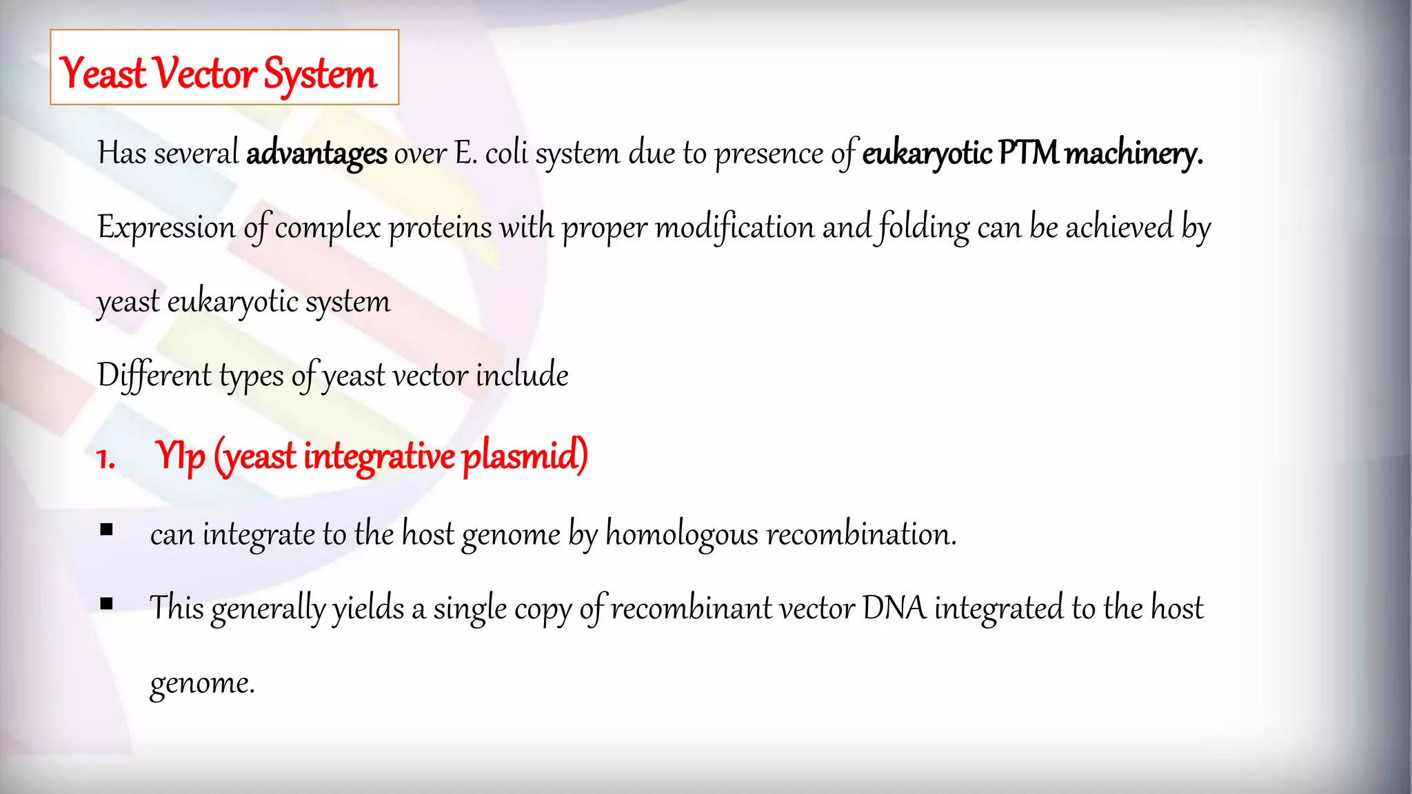 Has several advantages over E. coli system due to presence of eukaryoticPTMmachinery.
Expression of complex proteins with proper modification and folding can be achieved by
yeast eukaryotic system
Different types of yeast vector include
1. YIp (yeast integrative plasmid)
 can integrate to the host genome by homologous recombination.
 This generally yields a single copy of recombinant vector DNA integrated to the host
genome.
Yeast Vector System
 