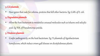 3. Col plasmids
• Have genes that code for colicins, proteins that kill other bacteria. Eg: ColE1 of E. coli.
4. Degradative plasmids
• Allow the host bacterium to metabolize unusual molecules such as toluene and salicylic
acid. Eg TOL of Pseudomonas putida.
5. Virulence plasmids
• Confer pathogenicity on the host bacterium. Eg: Ti plasmids of Agrobacterium
tumefaciens, which induce crown gall disease on dicotyledonous plants.
 