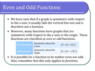 Even and Odd Functions
⚫ We have seen that if a graph is symmetric with respect
to the x-axis, it usually fails the vertical line test and is
therefore not a function.
⚫ However, many functions have graphs that are
symmetric with respect to the y-axis or the origin. These
functions are classified as even or odd functions.
⚫ It is possible for a function to be neither even nor odd.
Also, remember that this only applies to functions.
Even function
Symmetric about the
y-axis
Odd function
Symmetric about the
origin
( ) ( )
f x f x
− =
( ) ( )
f x f x
− = −
 