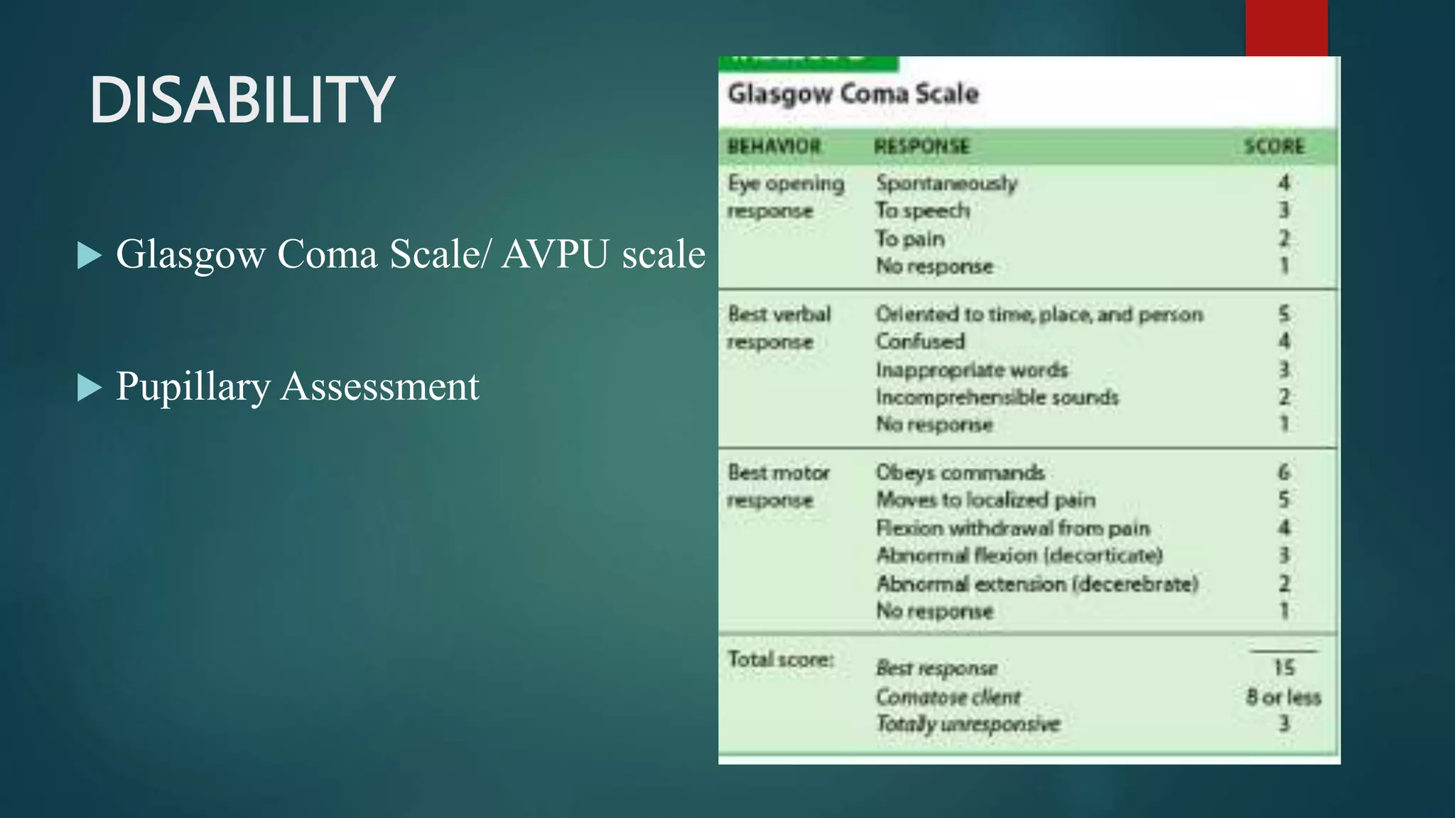 DISABILITY
 Glasgow Coma Scale/ AVPU scale
 Pupillary Assessment
 