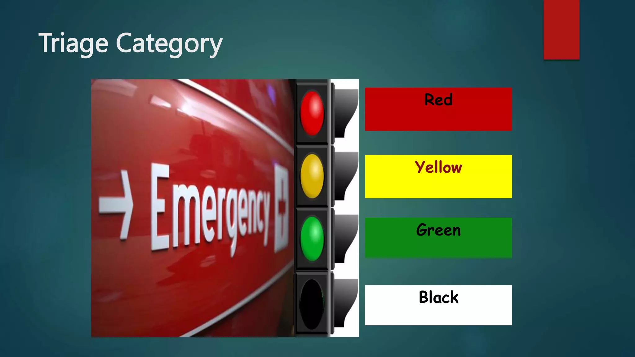 Triage Category
Green
Yellow
Red
STOP
GO
Black
 