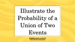 Illustrate the
Probability of a
Union of Two
Events
DEBBIE ANN LAOGAN
PRE-SERVICE TEACHER
 