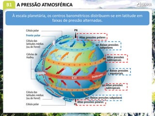 B1 A PRESSÃO ATMOSFÉRICA
À escala planetária, os centros barométricos distribuem-se em latitude em
faixas de pressão alternadas.
 