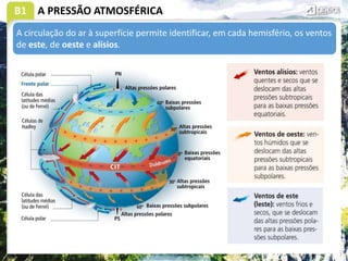 B1 A PRESSÃO ATMOSFÉRICA
A circulação do ar à superfície permite identificar, em cada hemisfério, os ventos
de este, de oeste e alísios.
 