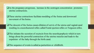 As the pregnancy progresses, increase in the oestrogen concentration promotes
uterine contractions.
These uterine contractions facilitate moulding of the foetus and downward
movement of thefoetus.
The descent of the foetus causes dilation of cervix of the uterus and vaginal canal
resulting in a neurohumoral reflex called Foetal ejection reflex or Ferguson reflex.
This initiates the secretion of oxytocin from the neurohypophysis which in turn
brings about the powerful contraction of the uterine muscles and leads to the
expulsion of the baby through the birth canal.
This sequence of events is called as parturition or childbirth.
 