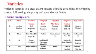 6
Varieties
varieties depends to a great extent on agro-climatic conditions, the cropping
system followed, grain quality and several other factors.
 Some example are-
S.N State Rainfed
Upland
Irrigated
Early
Irrigated
Mid-Early
Irrigated
Medium
Deep water
1. Andhra
Pradesh
Ravi,
Rajendra
Etc.
Abhaya,
Satya etc.
Narsing,
Kakatiya
APHR-2
DRR-H1
Badava
Mashuri
2. Bihar Birsa Dhan-201,
Deepa etc.
Prahlad Krian, Gautam
etc.
Sita, Birsa
Dhan-202
Sudha, janki
etc.
3. U.P Renu,
VLDhan97
Pant Dhan 12,
Narendra
Dhan 359
Sarjoo 52,
Pant Dhan 10
Jalnidhi,
Jalpriya
4. W.B Panke, Bhupen Munal,
Lakshmi
Kunti, CHRH 3,
Satabdi
Jaladhi 1(T),
Neeraja
 