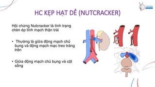 HC KẸP HẠT DẺ (NUTCRACKER)
Hội chứng Nutcracker là tình trạng
chèn ép tĩnh mạch thận trái
• Thường là giữa động mạch chủ
bụng và động mạch mạc treo tràng
trên
• Giữa động mạch chủ bụng và cột
sống
 