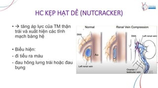 HC KẸP HẠT DẺ (NUTCRACKER)
•  tăng áp lực của TM thận
trái và xuất hiện các tĩnh
mạch bàng hệ
• Biểu hiện:
- đi tiểu ra máu
- đau hông lưng trái hoặc đau
bụng
 