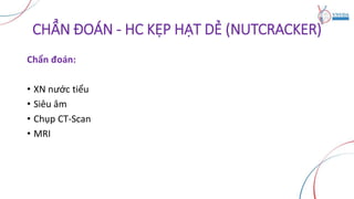 CHẨN ĐOÁN - HC KẸP HẠT DẺ (NUTCRACKER)
Chẩn đoán:
• XN nước tiểu
• Siêu âm
• Chụp CT-Scan
• MRI
 