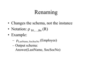 Renaming
• Changes the schema, not the instance
• Notation: r B1,…,Bn (R)
• Example:
– rLastName, SocSocNo (Employee)
– Output schema:
Answer(LastName, SocSocNo)
 
