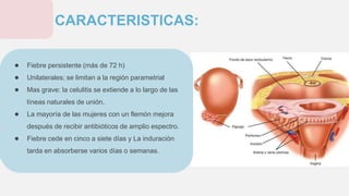 ● Fiebre persistente (más de 72 h)
● Unilaterales; se limitan a la región parametrial
● Mas grave: la celulitis se extiende a lo largo de las
líneas naturales de unión.
● La mayoría de las mujeres con un flemón mejora
después de recibir antibióticos de amplio espectro.
● Fiebre cede en cinco a siete días y La induración
tarda en absorberse varios días o semanas.
CARACTERISTICAS:
 