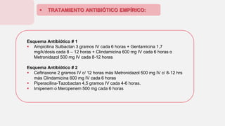  TRATAMIENTO ANTIBIÓTICO EMPÍRICO:
Esquema Antibiótico # 1
 Ampicilina Sulbactan 3 gramos IV cada 6 horas + Gentamicina 1,7
mg/k/dosis cada 8 – 12 horas + Clindamicina 600 mg IV cada 6 horas o
Metronidazol 500 mg IV cada 8-12 horas
Esquema Antibiótico # 2
 Ceftriaxone 2 gramos IV c/ 12 horas más Metronidazol 500 mg IV c/ 8-12 hrs
más Clindamicina 600 mg IV cada 6 horas
 Piperacilina-Tazobactan 4,5 gramos IV cada 4-6 horas.
 Imipenem o Meropenem 500 mg cada 6 horas
 