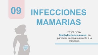 INFECCIONES
MAMARIAS
ETIOLOGÍA:
Staphylococcus aureus, en
particular la cepa resistente a la
meticilina.
09
 