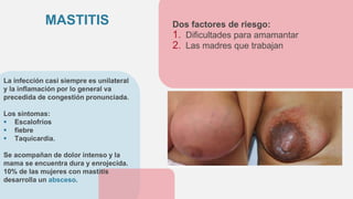 CREDITS: This presentation template was
created by Slidesgo, including icons by
Flaticon, and infographics & images by
Freepik
Dos factores de riesgo:
1. Dificultades para amamantar
2. Las madres que trabajan
La infección casi siempre es unilateral
y la inflamación por lo general va
precedida de congestión pronunciada.
Los síntomas:
 Escalofríos
 fiebre
 Taquicardia.
Se acompañan de dolor intenso y la
mama se encuentra dura y enrojecida.
10% de las mujeres con mastitis
desarrolla un absceso.
MASTITIS
 