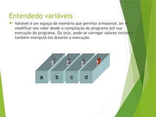 Entendedo variáveis
 Variável é um espaço de memória que permite armazenar, ler e
modificar seu valor desde a compilação do programa até sua
execução do programa. Ou seja, pode-se carregar valores iniciais e
também manipulá-los durante a execução.
 