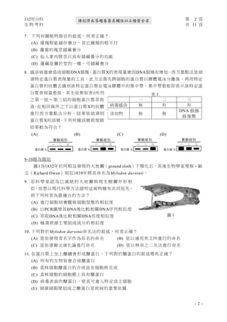 112年分科 第 2 頁
生 物 考 科 共 11 頁
- 2 -
請記得在答題卷簽名欄位以正楷簽全名
一 二 三
實驗組別
蛋白質X
一 二 三
實驗組別
蛋白質X
一 二 三
實驗組別
蛋白質X
一 二 三
實驗組別
蛋白質X
一 二 三
實驗組別
蛋白質X
一 二 三
實驗組別
蛋白質X
一 二 三
實驗組別
蛋白質X
一 二 三
實驗組別
蛋白質X
一 二 三
實驗組別
蛋白質X
一 二 三
實驗組別
蛋白質X
一 二 三
實驗組別
蛋白質X
一 二 三
實驗組別
蛋白質X
一 二 三
實驗組別
蛋白質X
一 二 三
實驗組別
蛋白質X
一 二 三
實驗組別
蛋白質X
一 二 三
實驗組別
蛋白質X
7. 下列有關植物器官的敘述，何者正確？
(A) 僅塊根能儲存養分，其它種類的根不行
(B) 蘿蔔的塊莖儲藏養分
(C) 仙人掌肉質莖只具有儲藏養分的功能
(D) 蓮藕是屬於莖的一種，可儲藏養分
8. 感染病毒會造成細胞DNA損傷，蛋白質X的表現量會因DNA損傷而增加。西方墨點法是偵
測特定蛋白質表現量的工具，此方法需先將細胞的蛋白質以膠體電泳分離後，再用特定
蛋白質的抗體去識別該特定蛋白質在電泳膠體中的集中帶，集中帶愈粗即表示該特定蛋
白質表現量愈高。某生收集如表1所列
之第一組～第三組的細胞蛋白質萃取
液，在相同條件之下以蛋白質X的抗體
進行西方墨點法分析，結果皆偵測到
蛋白質X的訊號。下列何種訊號與預期
結果較為符合？
(A) (B) (C) (D)
9-10題為題組
圖1為1832年於阿根廷發現的大地獺（ground sloth）下顎化石，其後生物學家理察‧歐
文（Richard Owen）則在1839年將其命名為Mylodon darwinii。
9. 若 科 學 家 認 為 已 滅 絕 的 大 地 獺 與 現 生 樹 獺 外 形 相
似，而想以現代科學方法證明這兩物種有共同祖先，
則下列何者為最適合的方法？
(A) 進行細胞培養觀察細胞型態的相似度
(B) 以PCR擴增其DNA後比較相關DNA序列相似度
(C) 萃取DNA後比較相關DNA長度相似度
(D) 檢測骨頭主要組成成分的相似度
10. 下列對於Mylodon darwinii命名法的敘述，何者正確？
(A) 是依發現者名字作為俗名的命名 (B) 是以通用英文所進行的命名
(C) 是依達爾文演化論進行命名 (D) 是以林奈之二名法進行命名
11. 在蛋白質上加上醣鏈會形成醣蛋白，下列對於醣蛋白的敘述哪些正確？
(A) 所有的生物皆會合成醣蛋白
(B) 真核細胞醣蛋白的合成是在細胞核完成
(C) 真核細胞的細胞膜上具有醣蛋白
(D) 病毒表面的醣蛋白，使其可進入特定宿主細胞
(E) 細菌細胞壁組成之醣蛋白是致病的重要依據
圖 1
表 1
一 二 三
病毒感染 無 有 有
添加物 無 無
DNA 損傷
修復劑
實驗組別 實驗組別 實驗組別 實驗組別
蛋白質 X 蛋白質 X 蛋白質 X 蛋白質 X
 
