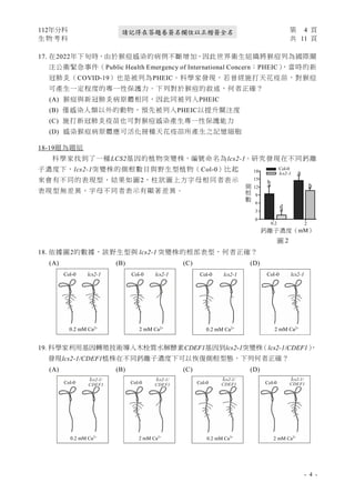 112年分科 第 4 頁
生 物 考 科 共 11 頁
- 4 -
請記得在答題卷簽名欄位以正楷簽全名
17. 在2022年下旬時，由於猴痘感染的病例不斷增加，因此世界衛生組織將猴痘列為國際關
注公衛緊急事件（Public Health Emergency of International Concern；PHEIC）
，當時的新
冠肺炎（COVID-19）也是被列為PHEIC。科學家發現，若曾經施打天花疫苗，對猴痘
可產生一定程度的專一性保護力。下列對於猴痘的敘述，何者正確？
(A) 猴痘與新冠肺炎病原體相同，因此同被列入PHEIC
(B) 僅感染人類以外的動物，預先被列入PHEIC以提升關注度
(C) 施打新冠肺炎疫苗也可對猴痘感染產生專一性保護能力
(D) 感染猴痘病原體應可活化接種天花疫苗所產生之記憶細胞
18-19題為題組
科學家找到了一種LCS2基因的植物突變株，編號命名為lcs2-1。研究發現在不同鈣離
子濃度下，lcs2-1突變株的側根數目與野生型植物（Col-0）比起
來會有不同的表現型，結果如圖2，柱狀圖上方字母相同者表示
表現型無差異，字母不同者表示有顯著差異。
18. 依據圖2的數據，該野生型與 lcs2-1 突變株的根部表型，何者正確？
(A) (B) (C) (D)
19. 科學家利用基因轉殖技術導入木栓質水解酵素CDEF1基因到lcs2-1突變株
（lcs2-1/CDEF1）
，
發現lcs2-1/CDEF1植株在不同鈣離子濃度下可以恢復側根型態，下列何者正確？
(A) (B) (C) (D)
圖 2
0
3
6
9
12
15
18
側
根
數
0.2 2
Col-0
lcs2-1 a
b
b
d
鈣離子濃度（mM）
．
．
Col-0 lcs2-1
0.2 mM Ca2+
Col-0 lcs2-1
2 mM Ca2+
Col-0 lcs2-1
0.2 mM Ca2+
Col-0 lcs2-1
2 mM Ca2+
Col-0
0.2 mM Ca2+
lcs2-1/
CDEF1 Col-0
2 mM Ca2+
lcs2-1/
CDEF1 Col-0
0.2 mM Ca2+
lcs2-1/
CDEF1 Col-0
2 mM Ca2+
lcs2-1/
CDEF1
 