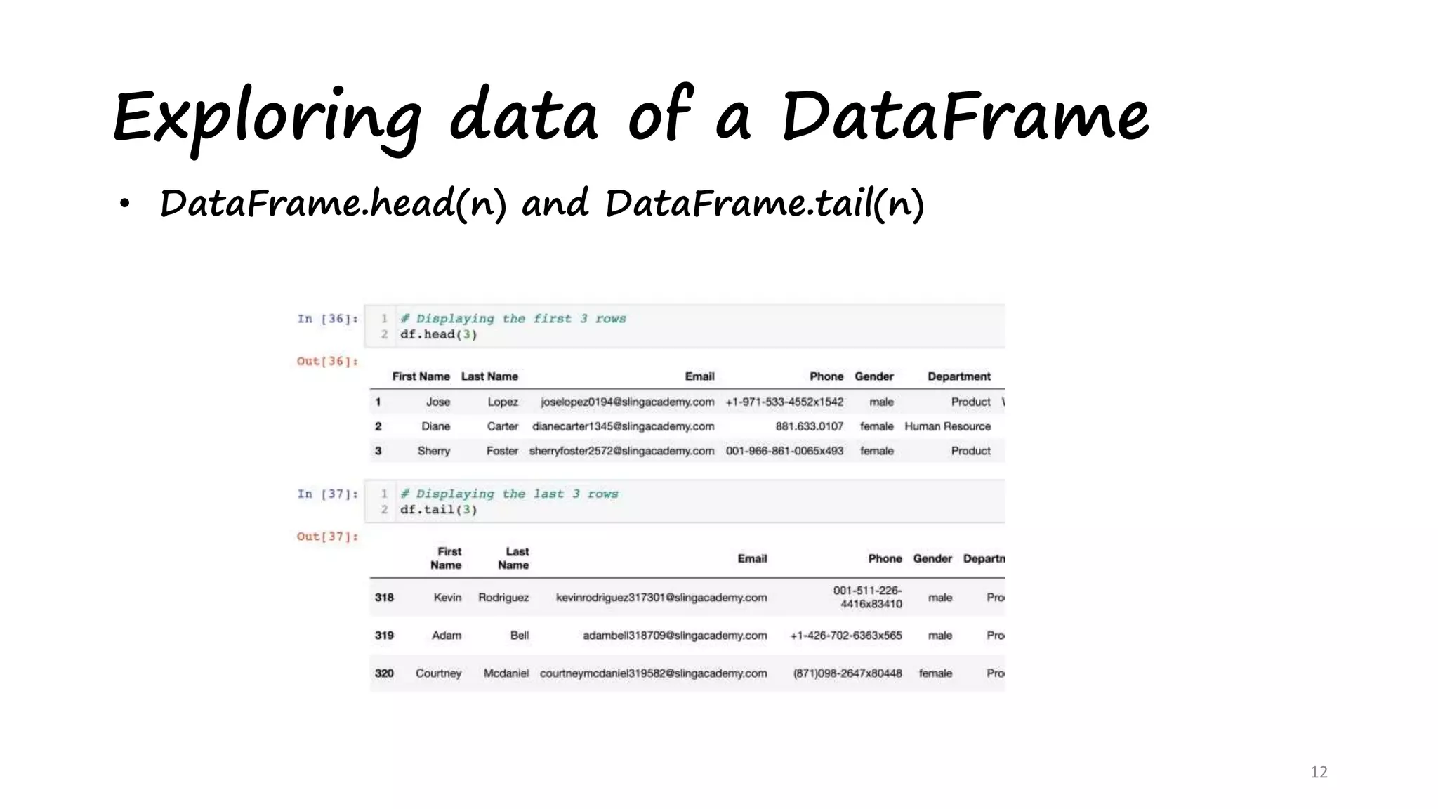 Exploring data of a DataFrame
12
• DataFrame.head(n) and DataFrame.tail(n)
 