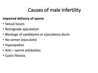 Causes of male infertility
Impaired delivery of sperm
• Sexual issues
• Retrograde ejaculation
• Blockage of epididymis or ejaculatory ducts
• No semen (ejaculate)
• Hypospadias
• Anti – sperm antibodies
• Cystic fibrosis
 