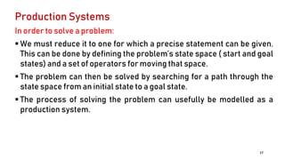 Production Systems
In order to solve a problem:
 We must reduce it to one for which a precise statement can be given.
This can be done by defining the problem’s state space ( start and goal
states) and a set of operators for moving that space.
 The problem can then be solved by searching for a path through the
state space from an initial state to a goal state.
 The process of solving the problem can usefully be modelled as a
production system.
17
 