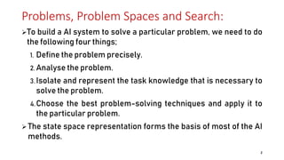 Problems, Problem Spaces and Search:
To build a AI system to solve a particular problem, we need to do
the following four things;
1. Define the problem precisely.
2. Analyse the problem.
3. Isolate and represent the task knowledge that is necessary to
solve the problem.
4.Choose the best problem-solving techniques and apply it to
the particular problem.
 The state space representation forms the basis of most of the AI
methods.
2
 