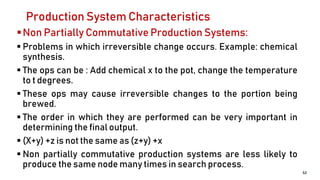 Production System Characteristics
Non Partially Commutative Production Systems:
 Problems in which irreversible change occurs. Example: chemical
synthesis.
 The ops can be : Add chemical x to the pot, change the temperature
to t degrees.
 These ops may cause irreversible changes to the portion being
brewed.
 The order in which they are performed can be very important in
determining the final output.
 (X+y) +z is not the same as (z+y) +x
 Non partially commutative production systems are less likely to
produce the same node many times in search process.
52
 