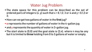 Water Jug Problem
 The state space for this problem can be described as the set of
ordered pairs of integers (x, y) such that x = 0, 1,2, 3 or 4 and y = 0,1,2 or
3;
 How can we get two gallons of water in the first jug?
 x represents the number of gallons of water in the 4-gallon jug
 and y represents the quantity of water in 3-gallon jug.
 The start state is (0,0) and the goal state is (2,n), where n may be any
but it is limited to three holding from 0 to 3 gallons of water or empty.
8
 